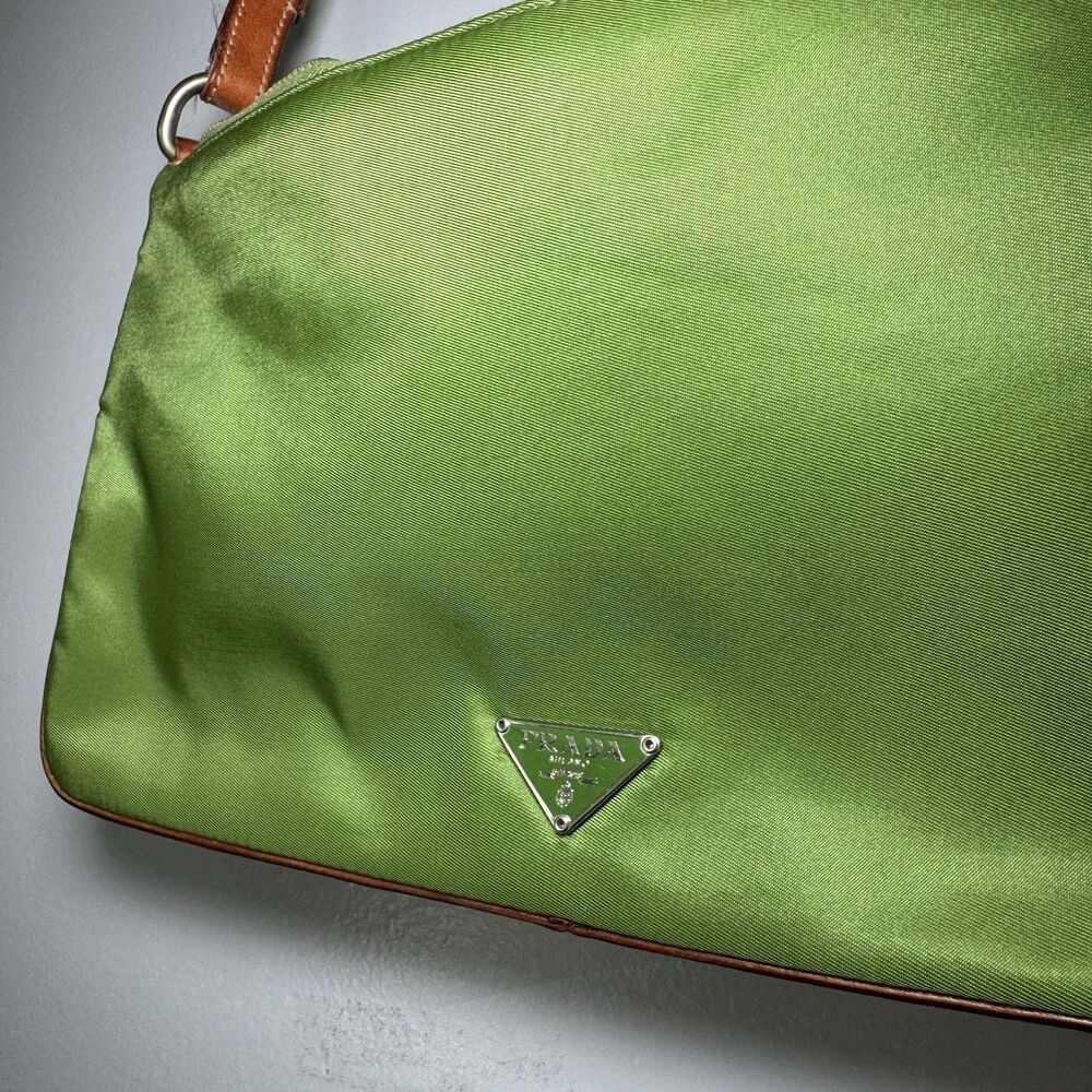 Vintage 2000s Prada Tessuto Lime Green Nylon/ Brown L… - Gem